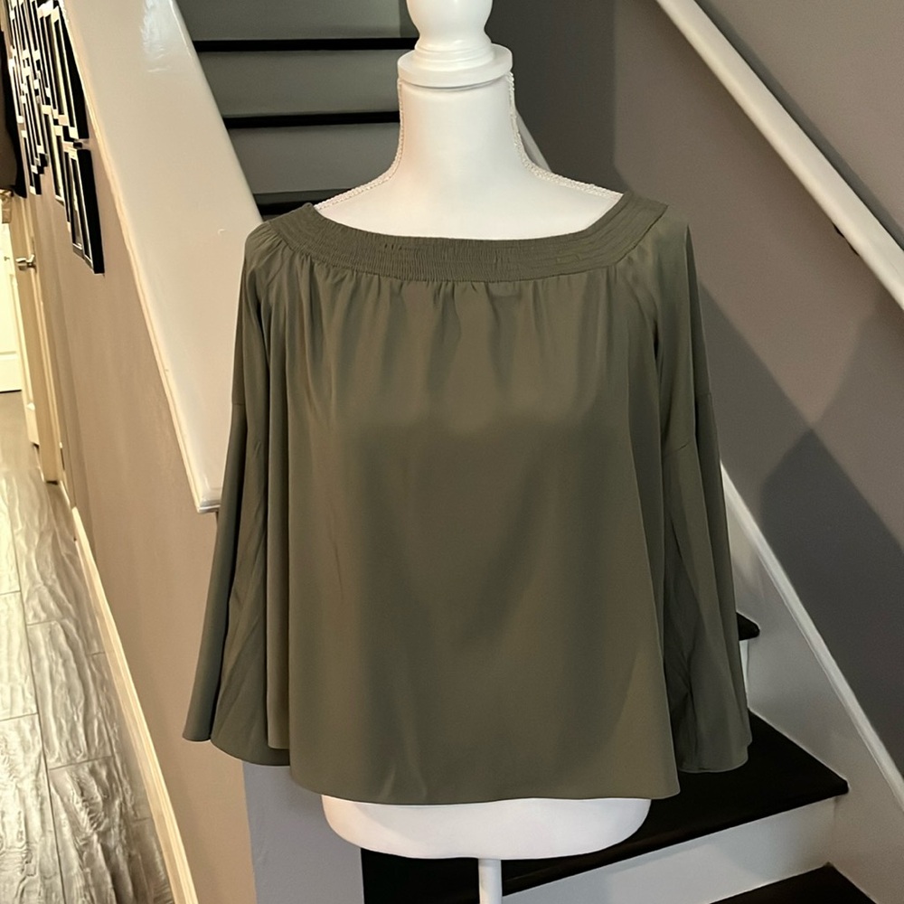 Bar111 NWT Army Green Blouse with elastic neckline and long bell sleeves.